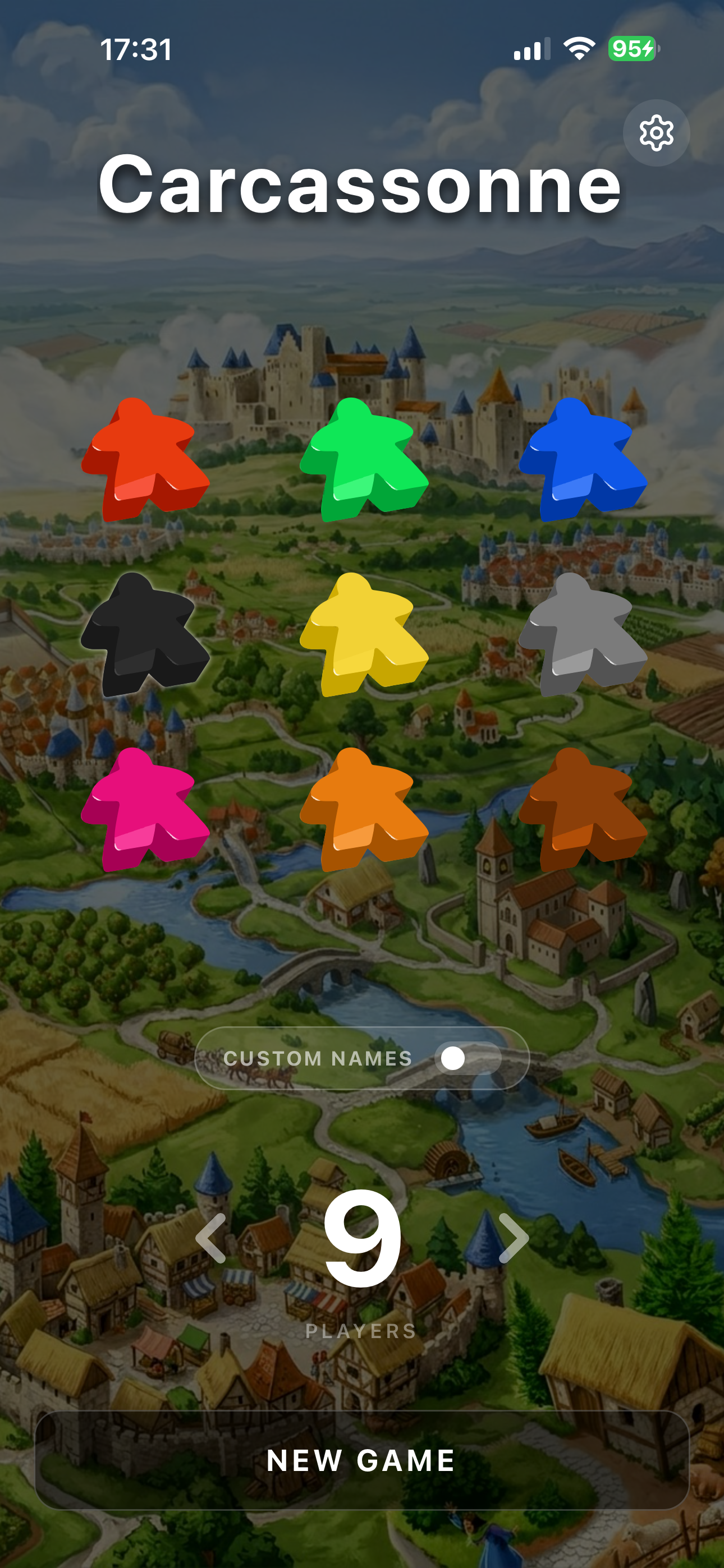 Game setup screen